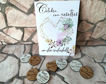 Save the date imán + tarjetas A5, imán de boda de madera personalizado con la fecha de boda y nombre de novios en forma de corazón con hojas