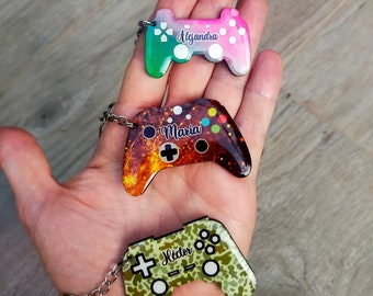 Personalized game console controller wooden keychain, original console controller gift with name printed on wood with resin