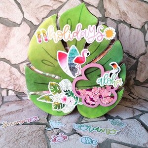 Album scrapbook d'été, feuille de monstera, fait main en carton, carton et papier, cadeau pour photos de vacances, plage, été