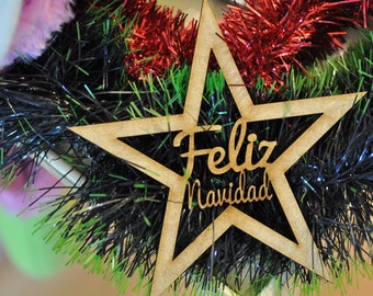 estrella de madera de árbol de navidad,colgante árbol de navidad,decoración de árbol de navidad,estrella navideña para decorar el árbol