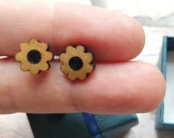 pendientes de flor de madera y resina con color,pendientes artesanales originales pequeños de flor de 8 pétalos, pendientes hipoalergénicos