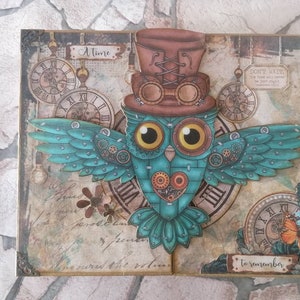 Album de scrapbooking fait main en carton, carton et papier avec thème steampunk, hibou, horloge, papillons, pour photos, souvenirs...