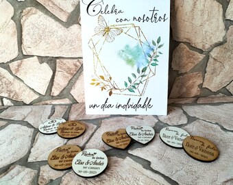Save the date magnet + A5 cards, custom wooden wedding magnet with wedding date and bride and groom name in the shape of butterfly and leaves