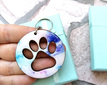 Watercolor Dog Paw Print Keychain, Handmade Resin Wood Keychain, Animal Lover Keychain, Customizable Keychain