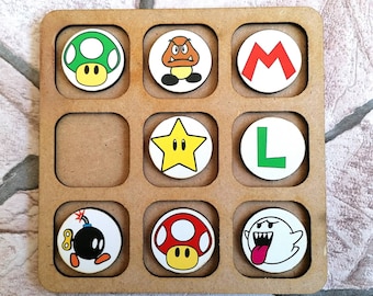Juego de 3 en raya personalizado,juego temático inspirado en Mario Bros, juego de madera artesanal,juego Nintendo de mesa para vacaciones