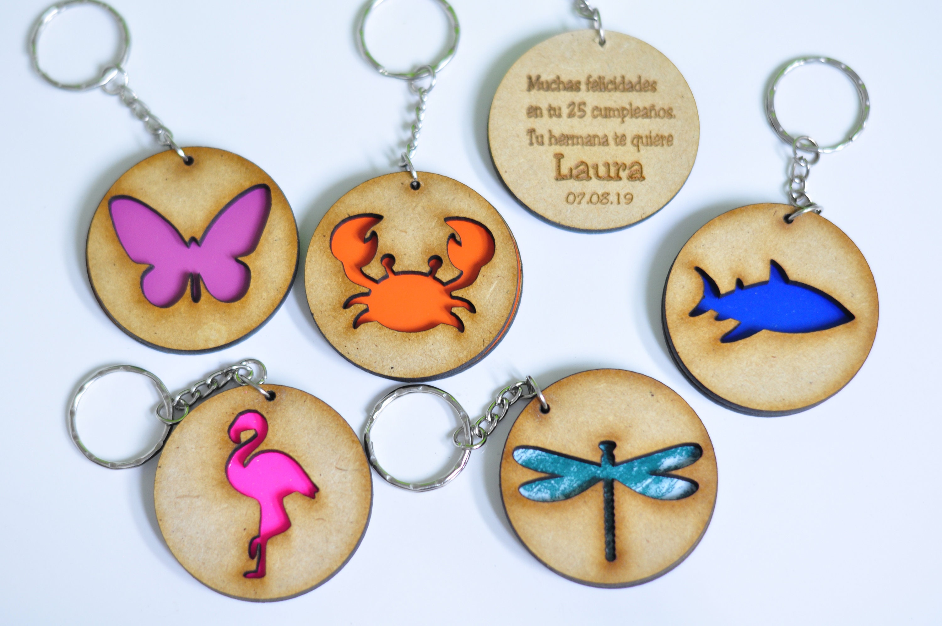 Round wooden animal keychain custom colored keychain Etsy