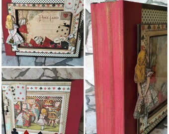 Handmade scrapbook album in cardboard, cardboard and paper, craft gift, scrapbook album Alice in Wonderland