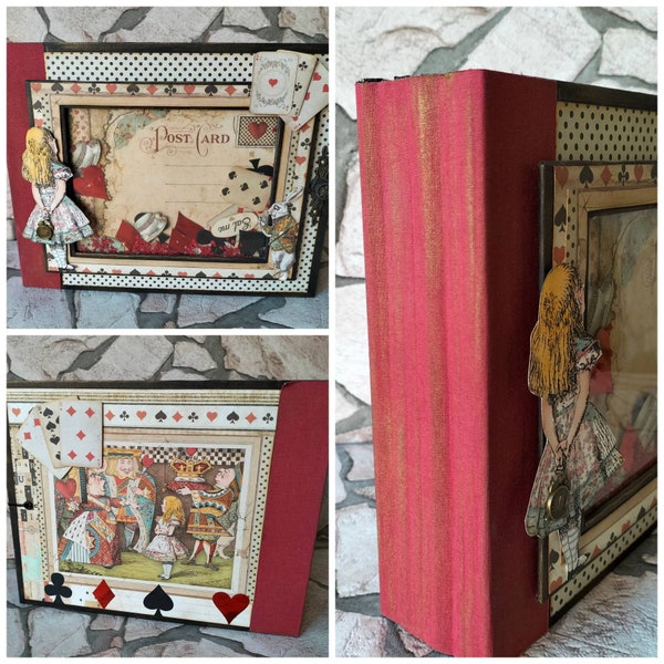 Album scrapbooking fait main en carton, carton et papier, cadeau artisanal, album scrapbooking Alice au pays des merveilles