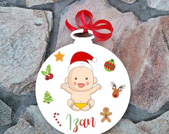 bola de madera de árbol de navidad personalizada, bola blanca con nombre impreso a color y dibujo de bebé para colgar del árbol en Navidad