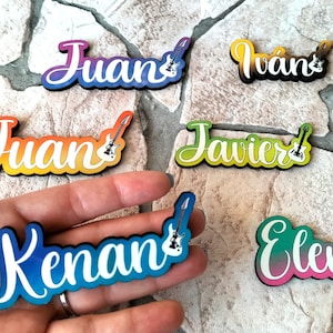 personalized wooden names with magnet with guitar, names printed in color, gift for guitarists, guitar decoration for home