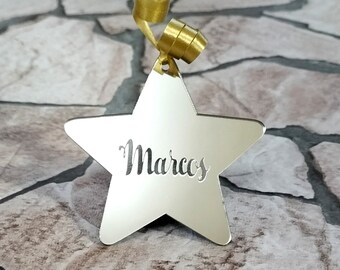 Adorno navideño acrílico para árbol de Navidad,adorno espejo para árbol en forma de estrella,adorno personalizado con nombre grabado a láser