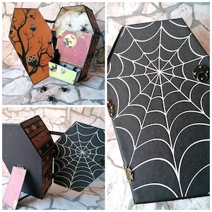 Album scrapbook fait main en carton et papier avec thème Halloween en forme de cercueil, cadeau fait main, album photo