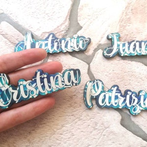 names WITH MAGNET personalized in wood, names printed in color for wedding, words for fridge, baptism, ceremony, birthday, communion