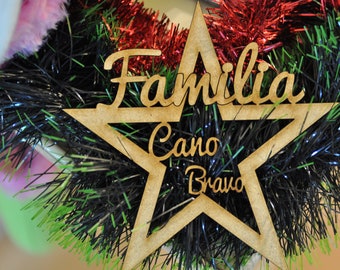 estrella de madera de árbol de navidad,colgante personalizado árbol de navidad,decoración de árbol de navidad,nombre de familia en el árbol