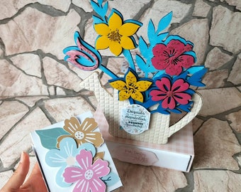 Mini scrap album for photos with box, handmade in cardboard, wood, cardboard and paper, ideal gift for mom, watering can with flowers