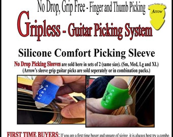 Gripless -No Grip Guitar Pick System- Helps: No dropping, arthritic play, hand disabilities, hand pain, carpal tunnel / 3 Sleeves included