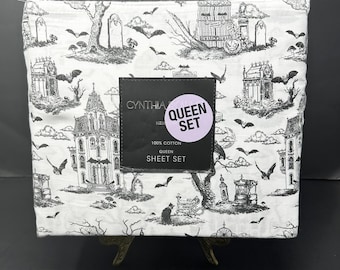 CYNTHIA ROEWEY QUEEN 4-teiliges Bettellaken-Set, Halloweentoile, Geisterhaus, Friedhof, Fledermäuse, neu