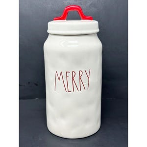 RAE DUNN MERRY Canister Red Handle Lid w/Seal Christmas Holiday Ll Long Letter Magenta Dimpled