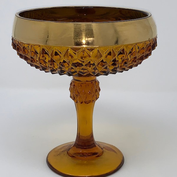 Vintage INDIANA GLASS Golden Elegance Diamond Point Tall Footed Compote, Amber, Gold Trim