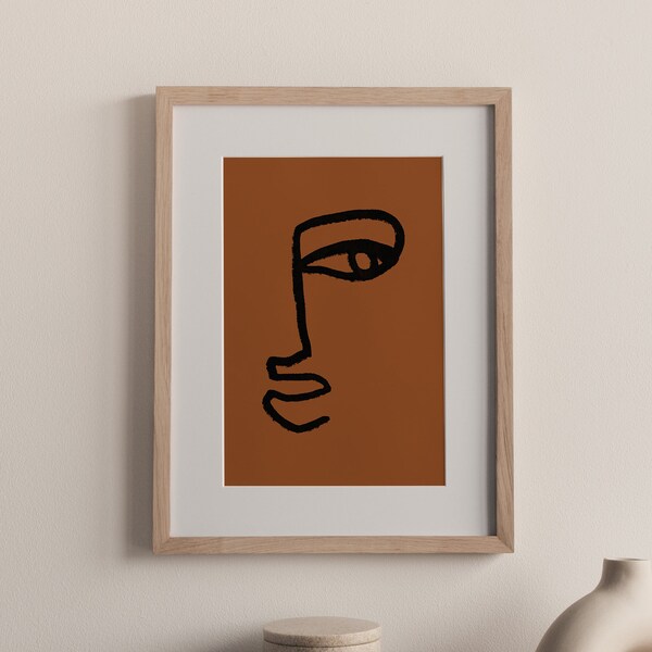 Abstract Face Fine Line Print, Brown Art, Brown Prints, Burnt Orange Prints, Modern Printable Wall Art, Simple Line Drawing, Mid Century Art