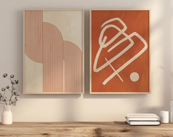 Abstract verbrand oranje set van 2, abstracte muurkunst, moderne muurkunst uit het midden van de eeuw, Boho Art Prints, digitale downloadprints, afdrukbare muurkunst