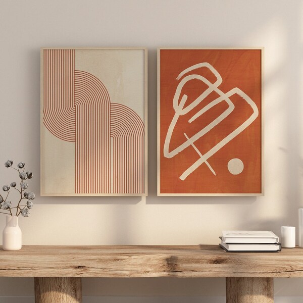 Abstract Burnt Orange Set of 2, Abstract Wall Art, Mid Century Modern Wall Art, Boho Art Prints, Digital Download Prints, Printable Wall Art