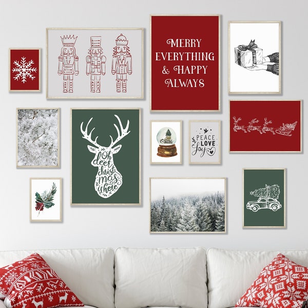 Christmas Set of 12 Prints, Christmas Decorations, Christmas Wall Art, Christmas Printable Wall Art, Retro Christmas Art, Gallery Wall Set