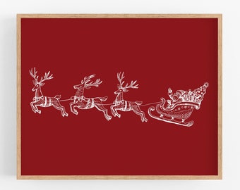 Santa Sleigh Print, Christmas Decorations, Christmas Wall Art, Christmas Printable Art, Winter Wall Decor, Holiday Prints, Christmas Art