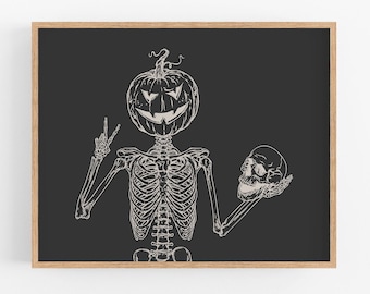 Pumpkin Skeleton Print, Halloween Wall Art, Halloween Printables, Halloween Art, Spooky Art, Spooky Prints, Skeleton Art, Pumpkin Prints