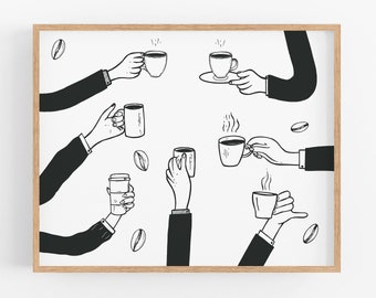 Cups of Coffee Print, Coffee Art, Coffee Poster, Coffee Bar Art, Coffee Gift, Kitchen Print, Kitchen Art, Kitchen Poster, Printable Wall Art