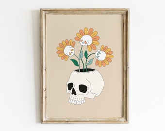 Skull Flower Print, Skull Print, Halloween Printable Wall Art, Halloween Art, Halloween Decor, Spooky Art Decor, Boho Halloween Art Prints