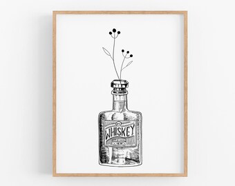 Whiskey & Flowers Print, Whiskey Art, Whiskey Printable, Bar Cart Print, Bar Art, Bar Printable, Kitchen Art, Kitchen Print, Bar Printables