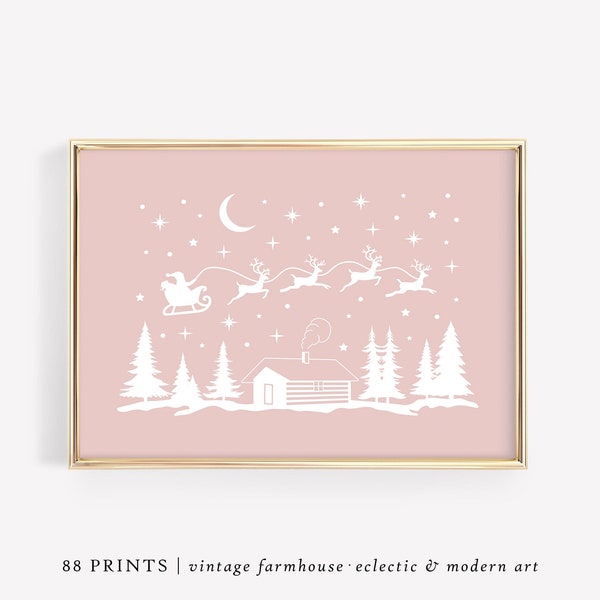 Santa Reindeer Print, Christmas Wall Art, Christmas Printables, Christmas Printable Art, Christmas Art, Pink Christmas Decor
