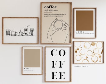 Coffee Gallery Wall Set of 6 Prints, Coffee Definition Print, Abstract Coffee Art, Coffee Line Art, Coffee Bar Prints, Coffee Wall Art