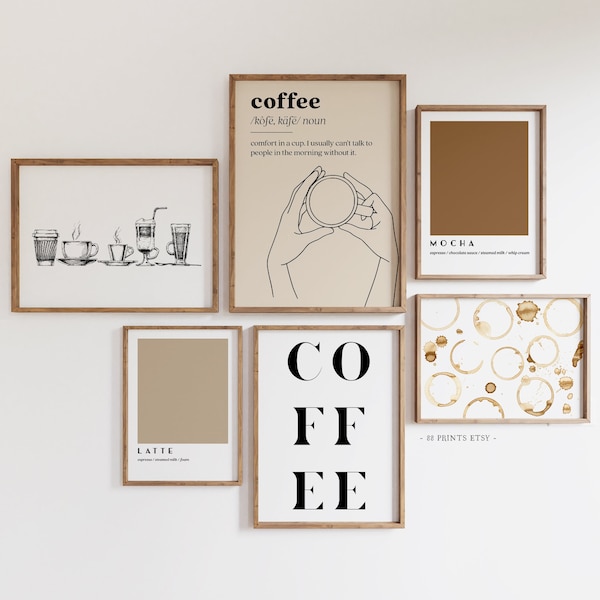Coffee Gallery Wall Set of 6 Prints, Coffee Definition Print, Abstract Coffee Art, Coffee Line Art, Coffee Bar Prints, Coffee Wall Art