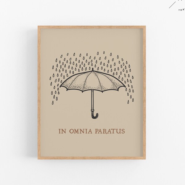 In Omnia Paratus Print, In Omnia Paratus Poster, Umbrella Art, Printable Wall Art, Gallery Wall Art, Rain Art Prints, Digital Download