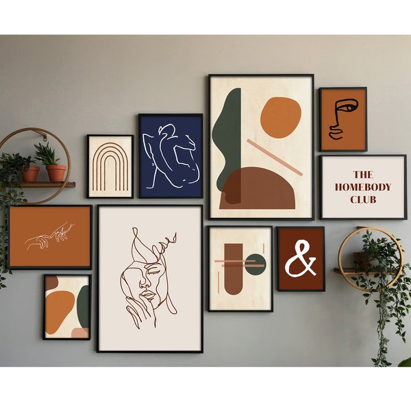 Color Block Set of 10 Prints, Abstract Shapes Art, Line Print, Gallery Wall Set, Earth Tone Art, Terra Cotta Art, Burnt Orange Art, Navy Art