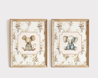 Mouse and Elephant Nursery Set of 2 | Nursery Wall Decor | Nursery Prints | Nursery Wall Art | Nursery Animal Prints | Neutral Nursery Print