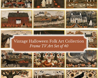 Halloween Frame TV Art Set of 40, Vintage Halloween Folk Art, Samsung Frame TV Art, Pumpkin Farmhouse Art, Fall TV Art