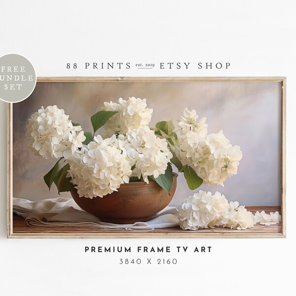 White Hydrangea Frame TV Art | Samsung Frame TV Art | Frame TV Art Spring | Easter Frame Tv Art | Farmhouse Easter Decor | Neutral Tv Art