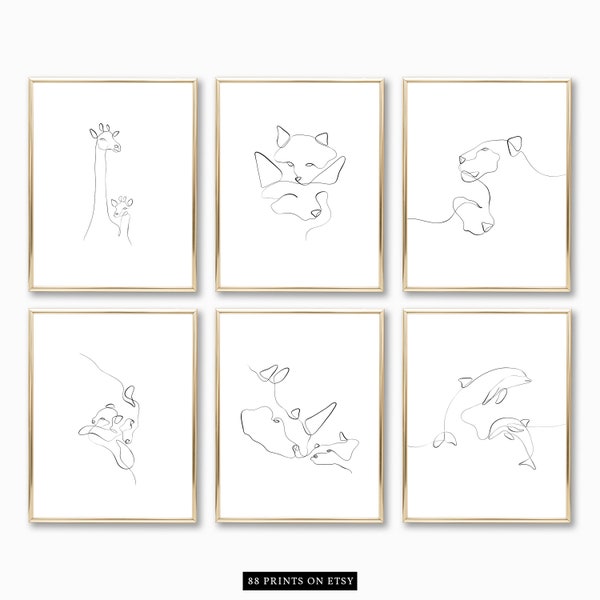 Set of 6 Nursery Wall Art, Nursery Printables, Animal Print Line Drawing, Minimalist Kids Room Art Decor, Modern Nursery Art, Nursery Prints
