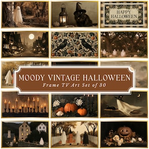 May include: A collection of 30 digital images titled MOODY VINTAGE HALLOWEEN Frame TV Art Set of 30. The images feature various scenes including ghosts, black cats, pumpkins, ravens, candles, and old houses in a dark, sepia-toned aesthetic.