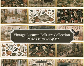 Fall Frame TV Art Set of 20, Vintage Autumn Folk Art, Samsung Frame TV Art, Fall TV Art, Pumpkin Farmhouse Art