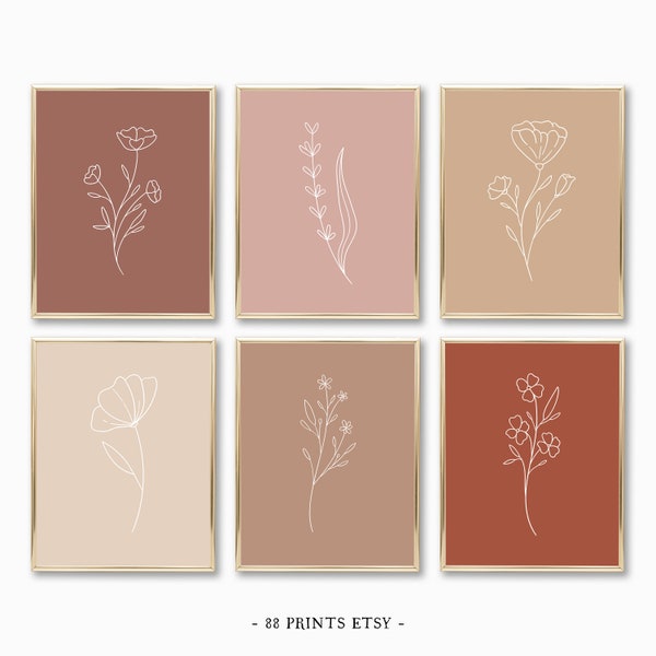 Boho Flowers Set of 6 Printables, Floral Wall Art, Flower Art, Wildflowers, Boho Prints, Living Room Wall Art, Gallery Art, Bedroom Wall Art