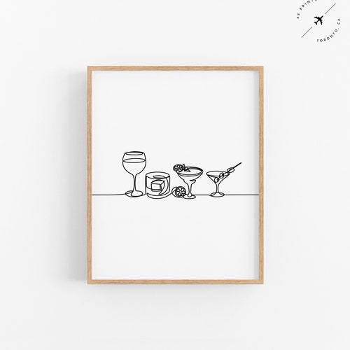 Wine Print Fine Line Drinks Cheers Bar Cart Prints Kitchen Etsy Canada