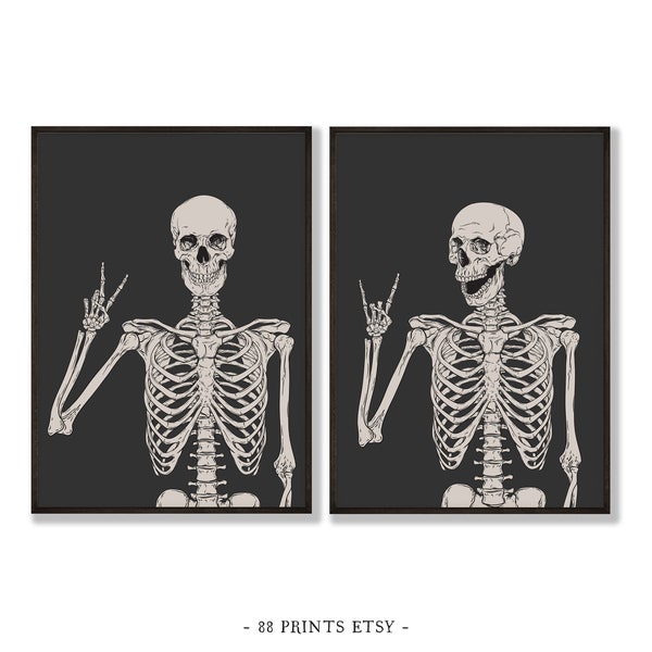 Skeleton Set of 2 Halloween Prints, Halloween Wall Art, Halloween Printables, Halloween Art, Halloween Decor, Halloween Posters, Spooky Art