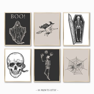 Halloween Set of 6 Prints, Halloween Wall Art, Halloween Printables, Skull Art, Spooky Prints, Ghost Prints, Witch Print, Skeleton Prints