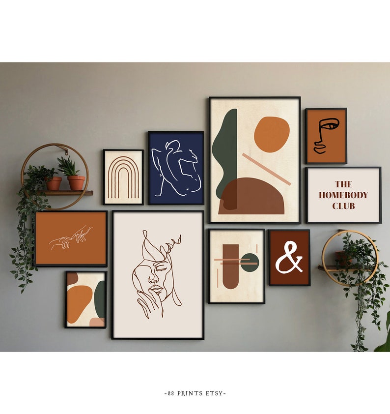 Color Block Set of 10 Prints, Abstract Shapes Art, Line Print, Gallery Wall Set, Earth Tone Art, Terra Cotta Art, Burnt Orange Art, Navy Art image 1