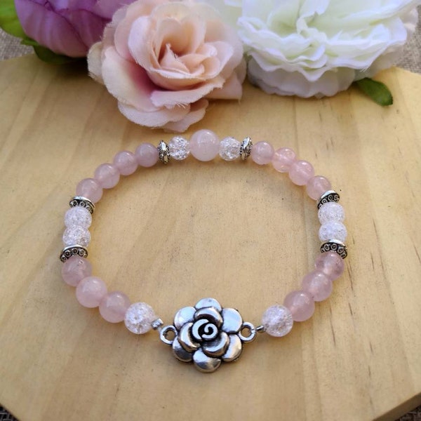 Bracelet fleur en quartz rose spéciale fête des mères