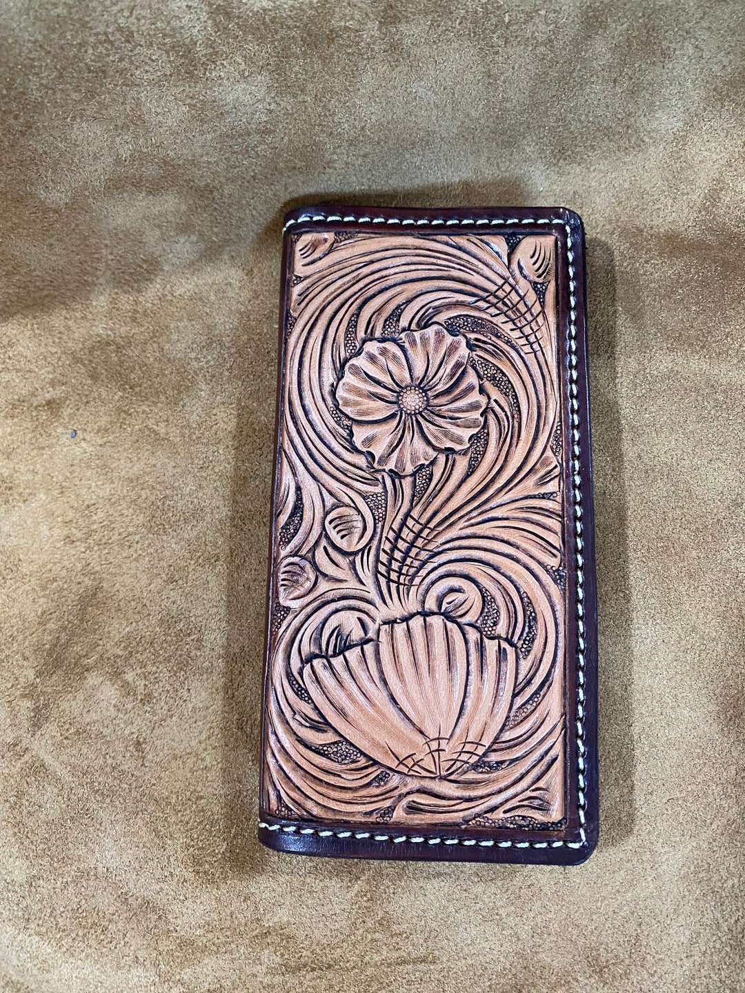 Roper Long Hand Tooled Leather Wallet - Etsy